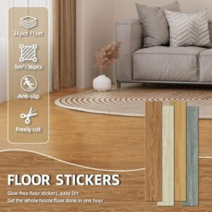 Pegatinas para suelo de madera, 36 pzas/5 m², impermeables y resistentes al desgaste, para sala de estar, dormitorio, cocina y oficina en casa, autoadhesivas, material de PVC. Pegatinas para suelo de madera.
